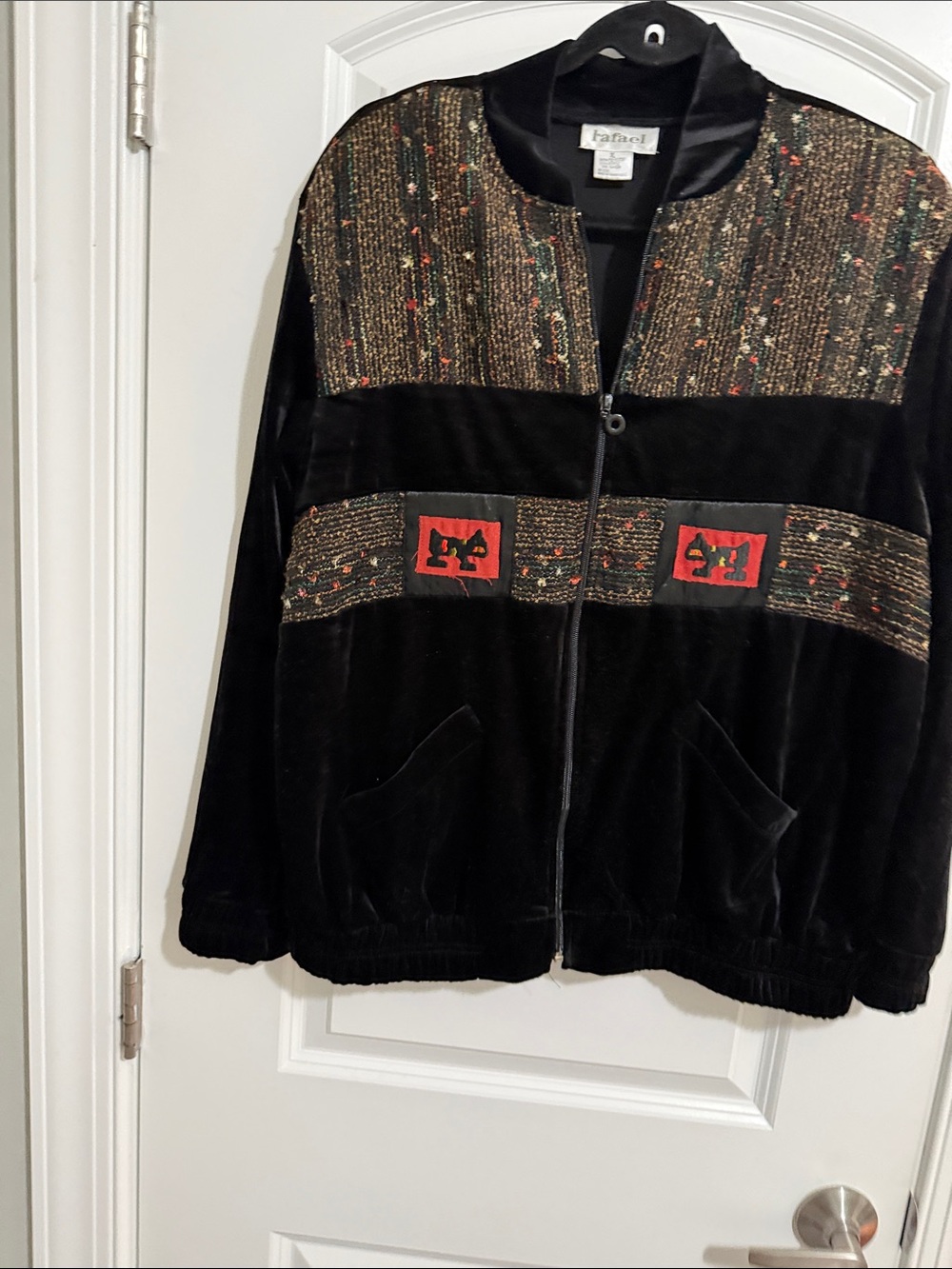 RAFAEL Black Velvet Bomber Jacket with Multicolor Knit Panels